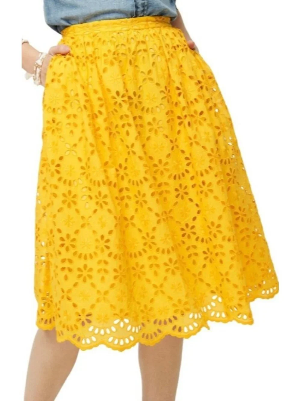 NWT J.Crew Full Midi in Rich Saffron Yellow Embroidered Eyelet A-line Skirt 4